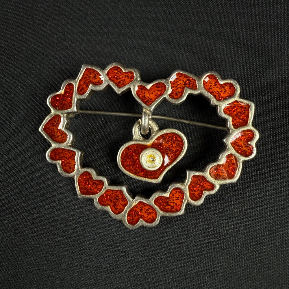 Vintage AJMC Heart Brooch Pin Red Enamel Pearl Jewelry